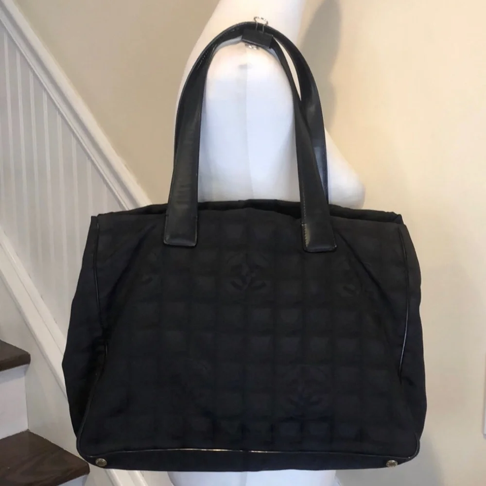 CHANEL Black Leather and Black Canvas Traveline Shoulder Bag AUTHENTIC